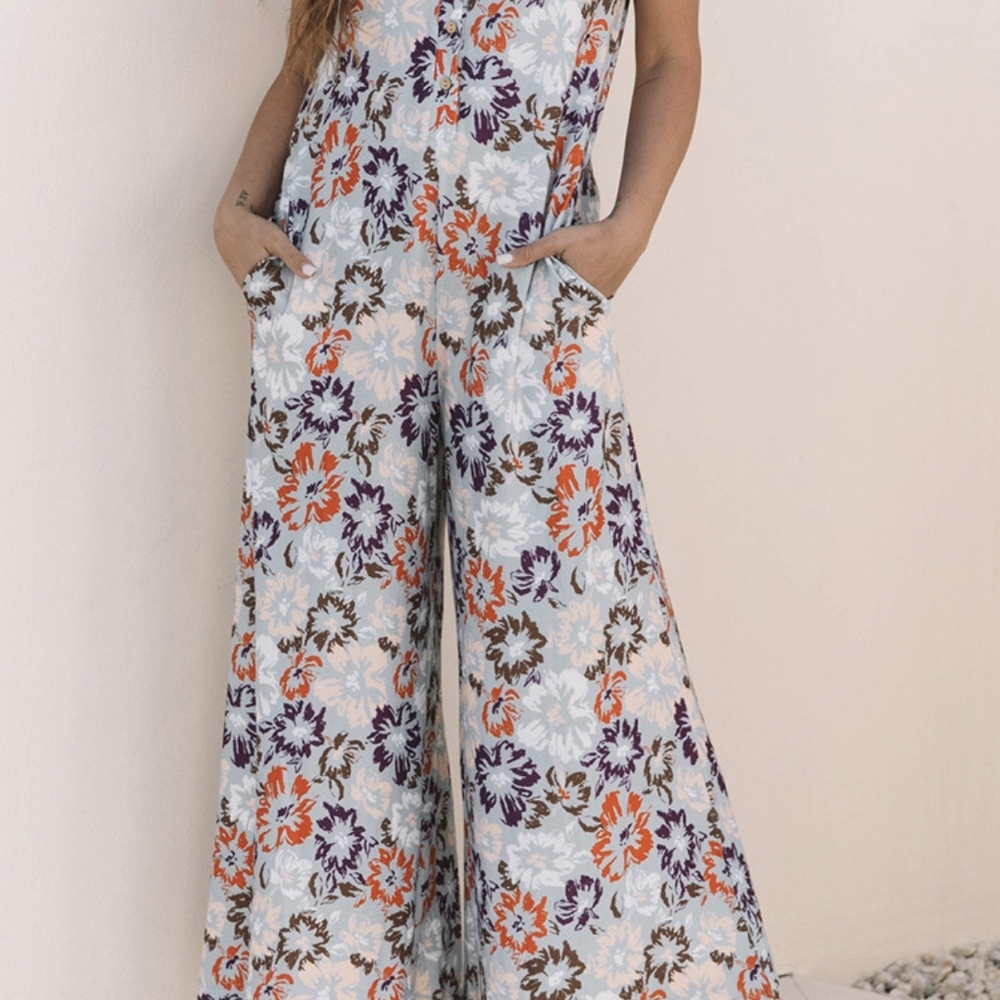 Blue and Orange Floral Jumpsuit with Wide-Leg Design